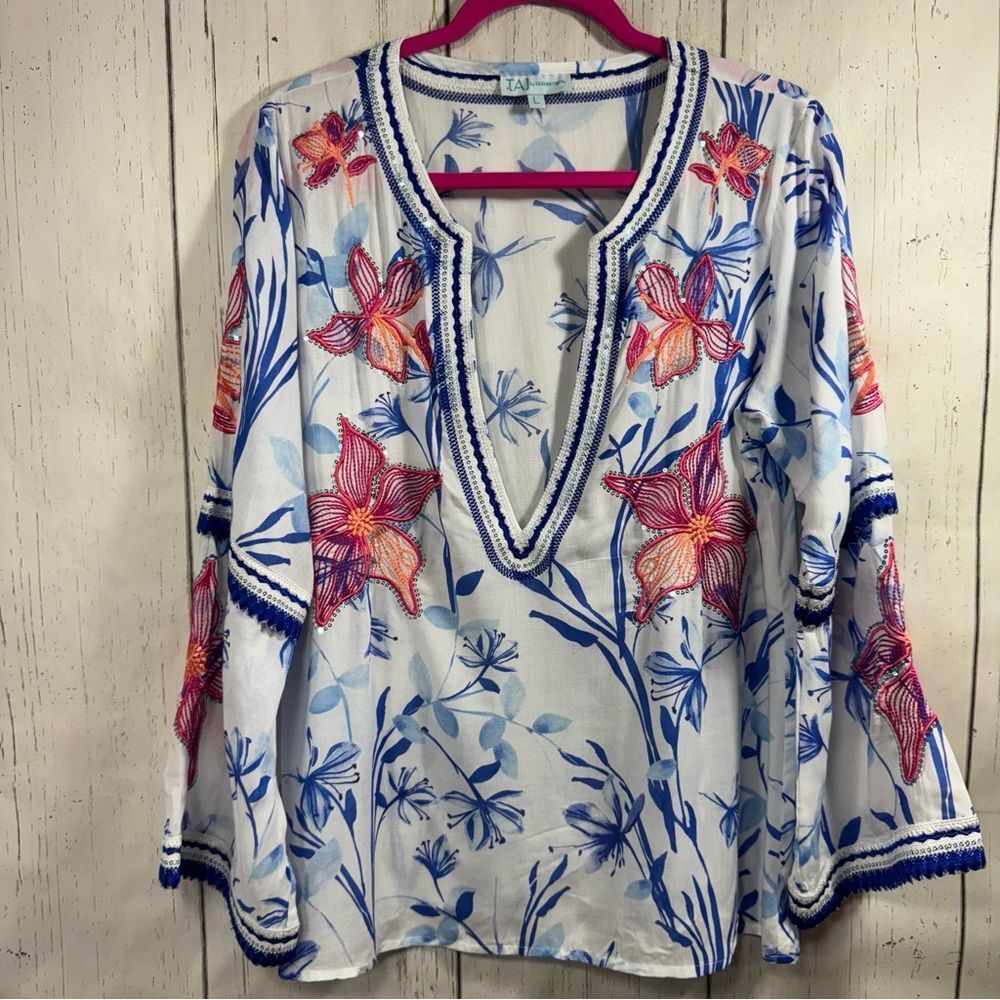 TAJ by Sabrina Crippa Floral Embroidered Sequin Bell Sleeve Coastal Tunic Top